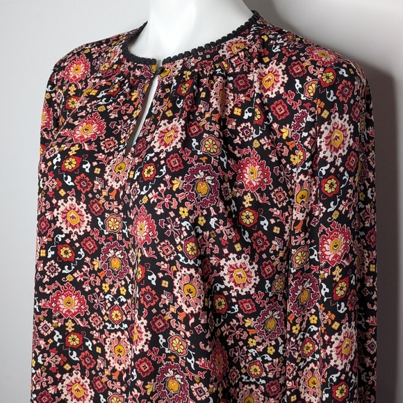 Loft Black Red Floral Long Sleeve Crew Neck Blouses M - Picture 2 of 9